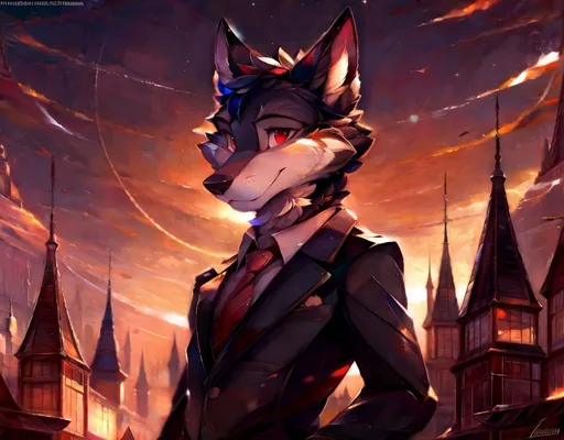 Prompt: solo, anthro, (by_einshelm), wolf, dark fur, red eyes, in a business suit, hell in the background