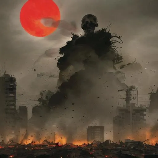 Prompt: Modern City in war-torn destruction and overgrowth dramatic lighting cinematic shots of skulls in smoke and fire in the streets. illusions of the demon's faces in the smoke and fire. the large red moon shows through pale clouds
 




