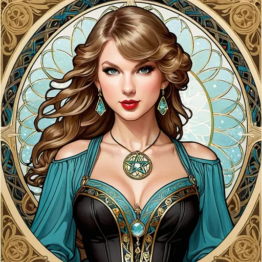 Prompt: Taylor Swift as Ace of Pentacles Rider-Waite Tarot card by Alphonse Mucha