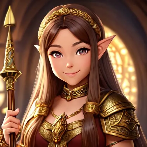 Prompt: oil painting, D&D fantasy, gold dwarf girl, tanned-skinned-female, beautiful, short bright dirty brown hair, straight hair, smiling, pointed ears, looking at the viewer, cleric wearing intricate adventurer outfit, #3238, UHD, hd , 8k eyes, detailed face, big anime dreamy eyes, 8k eyes, intricate details, insanely detailed, masterpiece, cinematic lighting, 8k, complementary colors, golden ratio, octane render, volumetric lighting, unreal 5, artwork, concept art, cover, top model, light on hair colorful glamourous hyperdetailed medieval city background, intricate hyperdetailed breathtaking colorful glamorous scenic view landscape, ultra-fine details, hyper-focused, deep colors, dramatic lighting, ambient lighting god rays, flowers, garden | by sakimi chan, artgerm, wlop, pixiv, tumblr, instagram, deviantart