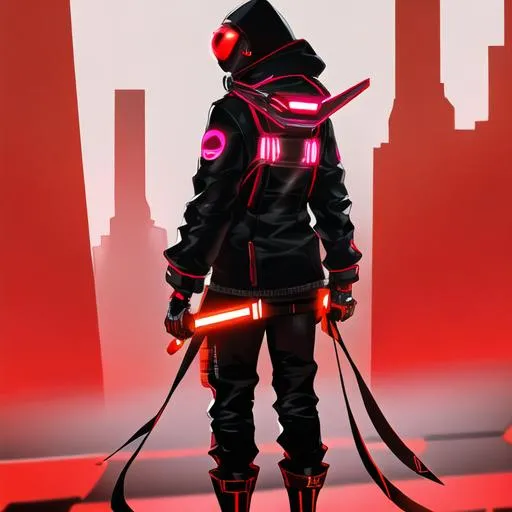 Prompt: Male character, black but red neon gas mask, cyber netrunner hood (black but neon red), neon red Sword In its Back, Red Mecha Cyber Jacket, black jeans, red shoes