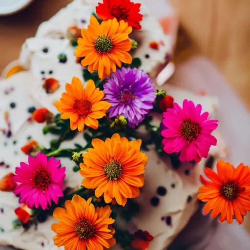 Prompt: Bright Flowers on a dessert 