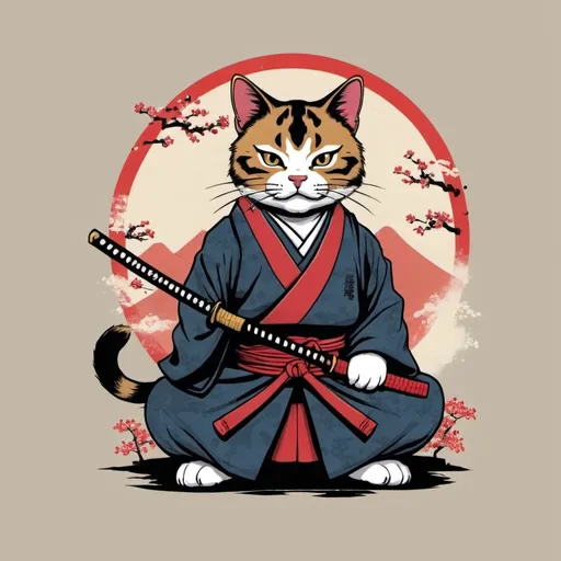 Prompt: Samurai Cat T-Shirt Design Collection 200+ Premium Samurai Cat Designs, PNG, SVG, Custom Designs, Japanese Urbanwear, Feline bundle, Ukiyo-e
