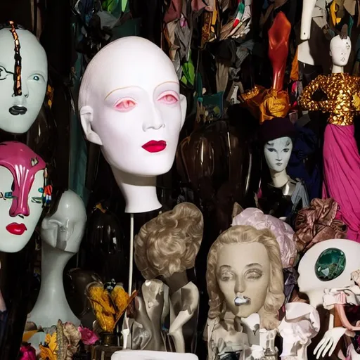 Prompt: schiaparelli Maggie Maurer mountain of clothes floor to ceiling. Vintage shop. Hoarders house. Collectibles. Antiques. Designer furniture. Beauty. Dada. Surrealism dumpster diving in graveyards mannequins. Damien Hirst. 