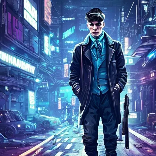 Prompt: Thomas Shelby with a gun
Cyber punk style. aesthetic background 