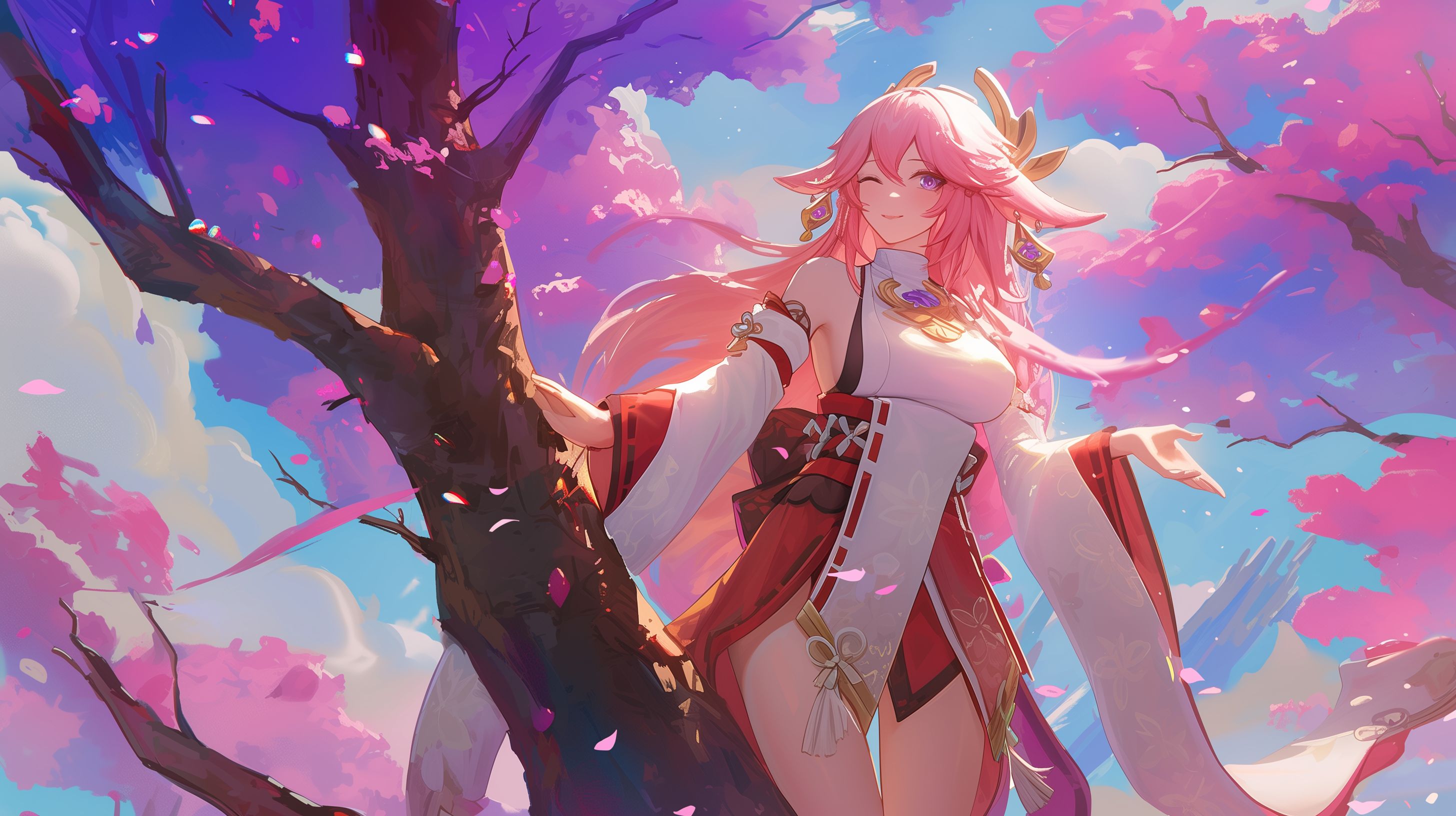 Prompt: Yae Miko from Genshin impact leaning forward toward the user in a flirty way, wink, blush, half smile, infront of a giant purple cherry tree, form fitting clothing, attractive --ar 16:9 --niji 6