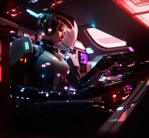 Prompt: a spaceship pilot in a latex suit with robotic limbs, laying down in a pod, in a cyberpunk setting, cyborg, implants, high details, realistic, photorealism, 8k, art by sakimichan from deviantart