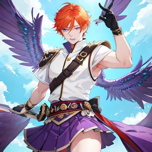 Prompt: Erikku male adult (short ginger hair, freckles, right eye blue left eye purple) UHD, 8K, Highly detailed, insane detail, best quality, high quality, anime style, wearing a skirt, masculine
