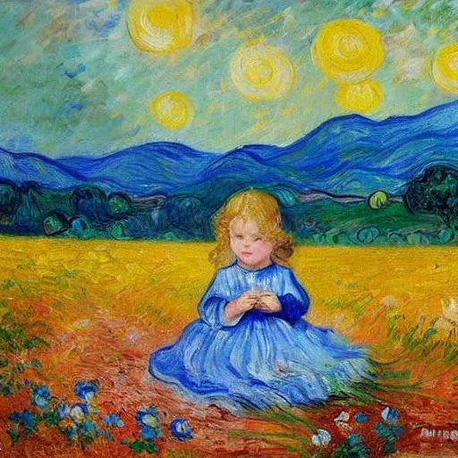Prompt: Beautiful Romanian, Van gough impressionist scene, spring meadow, flowers, including Baby girl; blonde with blue eyes, Fine art, Welsh painting, Arianwen. Van gough painting meadow, Perfect face, art, golden ratio, perfect face, beautiful meadow with flowers, van gough baby 