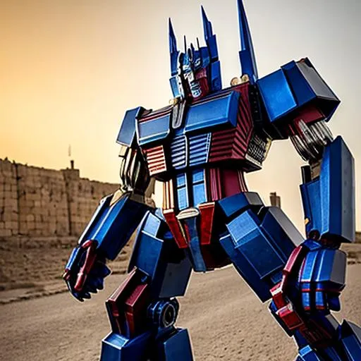 Prompt: Hyper realistic optimus prime in the holy land