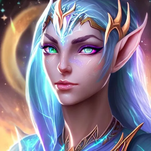 Prompt: Female astral elf with eye drop on forehead and nose 