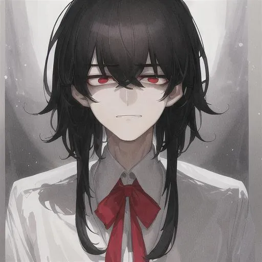 Prompt: Portrait, Masterpiece, wearing white school uniform, 4k, 8k, highly detailed, big eyes, handsome boy with black hair and red eyes. "looking down with a slight depresed look, but his eyes look foward into the photo with a tired yet smug expression."