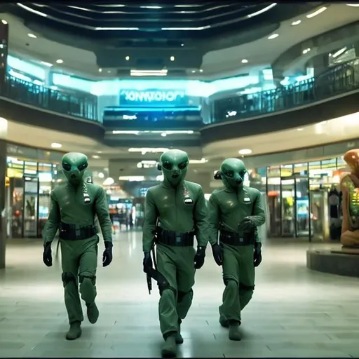 Prompt: Komodo Dragon security guards in a busy alien mall, widescreen, infinity vanishing point, galaxy background, surprise easter egg