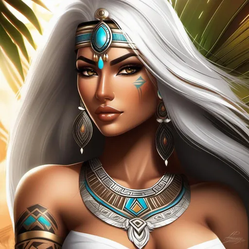 Prompt: 1) young Aztec goddess, busty, long white hair.
2) Exotic beauty with a perfect face and visible muscle definition and scars and tattoos
3) Long legs with visible toes
4) Elvin features
5) Prefect face