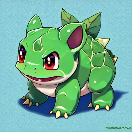 Prompt: HD, High Quality, 5K, Anime, Bulbasaur, blue-green quadrupedal amphibian, green plant bulb on back,  blue skin with darker patches, It has red eyes with white pupils, pointed, ear-like structures on top of its head, and a short, blunt snout with a wide mouth, A pair of small, pointed teeth are visible in the upper jaw when its mouth is open, Each of its thick legs ends with three sharp claws, On Bulbasaur's back is a bright green circular plant bulb that conceals two slender, tentacle-like vines, which is grown from a seed planted there at birth, The bulb also provides it with energy through photosynthesis as well as from the nutrient-rich seeds contained within, forest, Pokémon by Frank Frazetta
