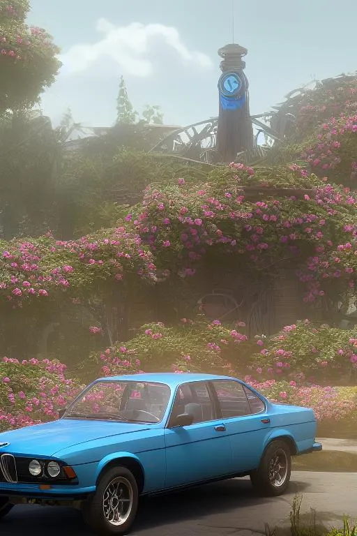 Prompt: An old bmw car, standing in a flower garden, shiny blue color, sun, side lighting, colorful, retrofuturism, flower trees, flower bushes, digital art