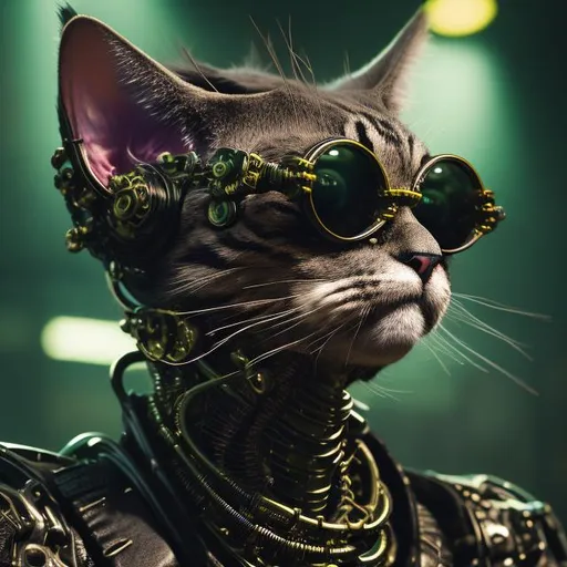 Prompt: portrait of a anthro "Punk Cat" with big Funky Eyewear, intricate, elegant, hyperdetailed, cybernetic, digital painting, artstation, concept art, biomechanical, sharp focus, illustration, greg rutkowski, anthropomorphic, fractal details in big green cat eyes, very striking, WLOP, Artgerm, ray tracing , DSLR, HDR