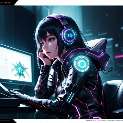 Prompt: anime style picture with a very intricate world full body image of cute girl in futuristic gear and weapon next to a mech vehicle in a cuberpunk world, downward angle full bodyand small waist perfect face, refracting, leaves, neon lights, wearing gaming headphones synthwave style , cute anime girl,perfect composition, hyperrealistic, render, super detailed, 8k, high quality, trending art, trending on artstation, sharp focus, studio photo, intricate details, highly detailed, creative, hair, fan art, glistening, refracting, leaves art, smooth shiny lighting, light reflect off skin hyper realistic,hdr, micro details, dark anime details, perfect compensition western battle background, perfect composition, hyperrealistic, render, super detailed, 8k, high quality, trending art, trending on artstation, sharp focus, studio photo, intricate details, highly detailed, creative, hair, fan art, glistening, futuristic goggles gamer, very cool detailed, realistic smooth lighting, dark background, focus on cat. looking at monitor, futuristic goggle visors, black background with lights in a futuristic room, side view, realistic, sharp lines