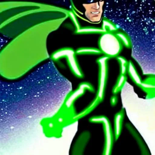 Prompt: Hal Jordan Ryan Reynolds Inspired, Green-Glowing-Cape floating in deep outer-space 