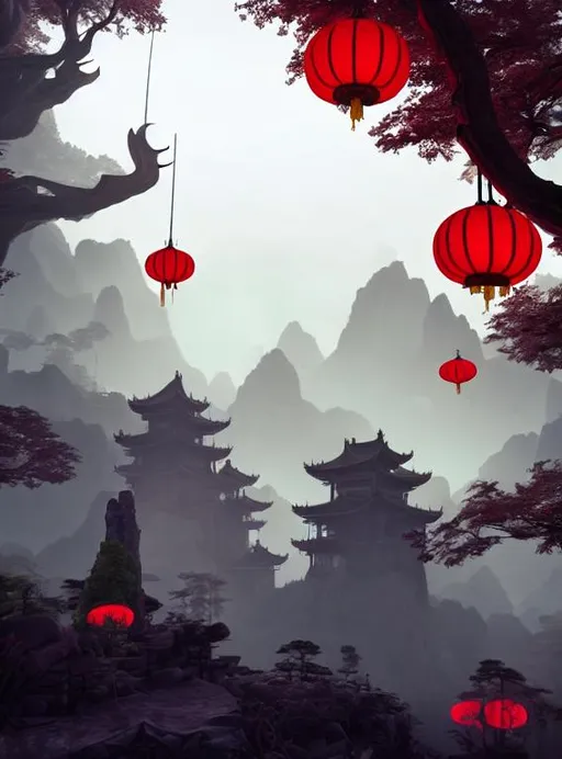 Prompt: misty fantasy town, athmospheric, plants, high towers, asian vibes, rocky, dramatic lighting, two chinese long haired warriors fighting, unreal engine red lanterns, backlit, old gnarly tree