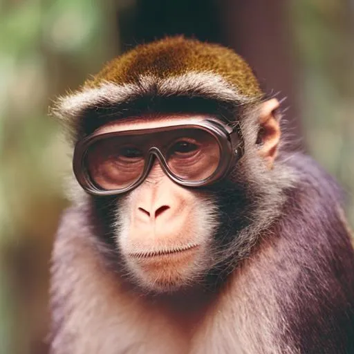 Prompt: A wildlife footage of grinning monkey wearing goggles, nat geo. Ultra HD, Nikon Z FX, telephoto lens, funny, very funny