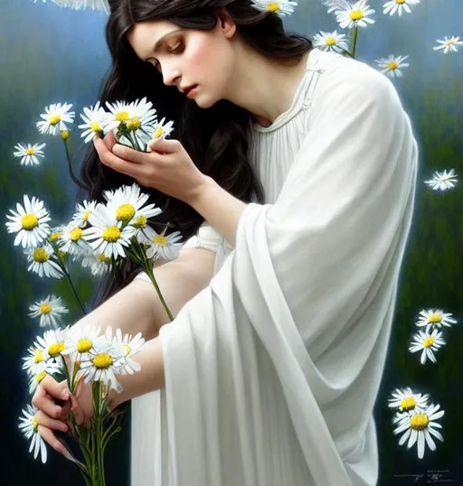 Prompt: philomena, patron saint of mental health, beautiful, dark hair, long hair, white dress, sleeve, holding a palm with daisies, saint, gorgeous, amazing, elegant, intricate, highly detailed, digital painting, artstation, concept art, sharp focus, illustration, art by artgerm and greg rutkowski and alphonse mucha