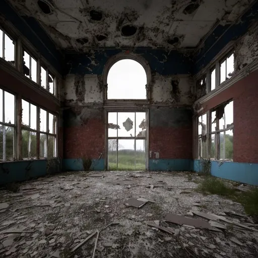 Prompt: Large empty abandoned building, liminal 
