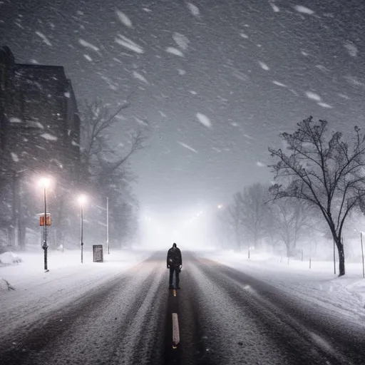 Prompt: There's a man on the road in the middle of a snowstorm