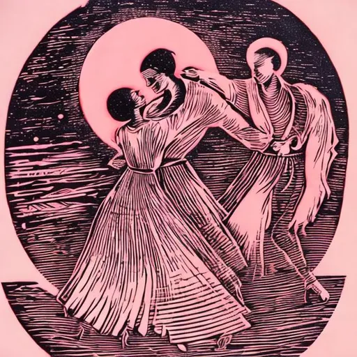 Prompt: Woodcut lithograph pink and orange couple dancing full moon 











