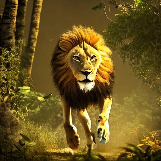 Prompt: a cinematic of a lion running through a jungle with wounds, motion blur, cool, stunning, award winning, detailed, fantasy artwork, 8 k, raytracing, dynamic lighting