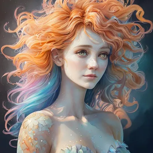 Prompt: {{{{highest quality concept watercolor}}}} digital drawing watercolor painting with {{visible textured brush strokes}}, Beautiful mermaid, photorealistic face, curl long multicolored beaming mandelbrot clusters fractal Hair, digital painting, artstation, illustration, concept art, smooth, sharp focus, {{hyperrealistic intricate perfect orange long hair}} and {{hyperrealistic perfect clear bright green eyes}} soft skin and red blush cheeks and cute smile, epic fantasy, perfect anatomy in perfect composition approaching perfection, hyperrealistic intricate mirrored room in background, cinematic volumetric dramatic dramatic studio 3d glamour lighting, backlit backlight, 128k UHD HDR HD, professional long shot photography, unreal engine octane render trending on artstation, sharp focus, occlusion, centered, symmetry, ultimate, shadows, highlights, contrast