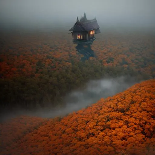 Prompt: surreal concept art of a strange winged cabin flying in an autumnal forest, foggy, gloomy, lots of details, intricate scene, correct, digital painting, fine tuned,  64k