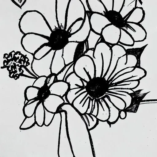 Prompt: Simple Line drawing of black and white flowers