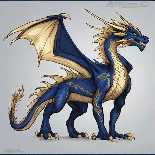 Prompt: Concept designs of a dragon. Full dragon body. Dragon has four legs and a set of wings. Side view. Coloring in the dragon is predominantly navy blue with light golden streaks and details present.