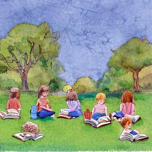 Prompt: cute illustration of 10 kids reading at a park in the style of 
impressionism