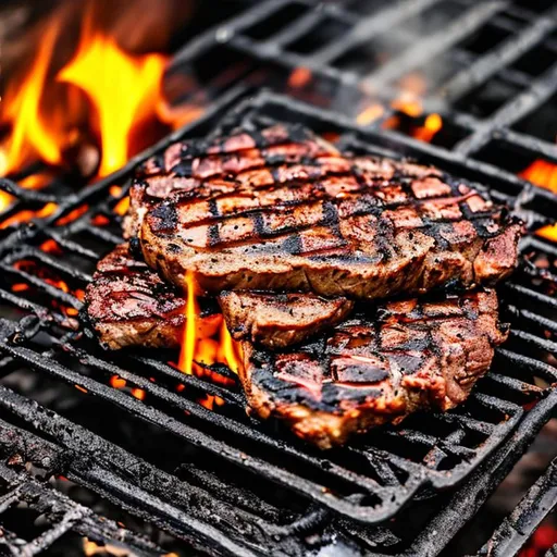 Prompt: Thick juicy steak grilled on fire and coal.