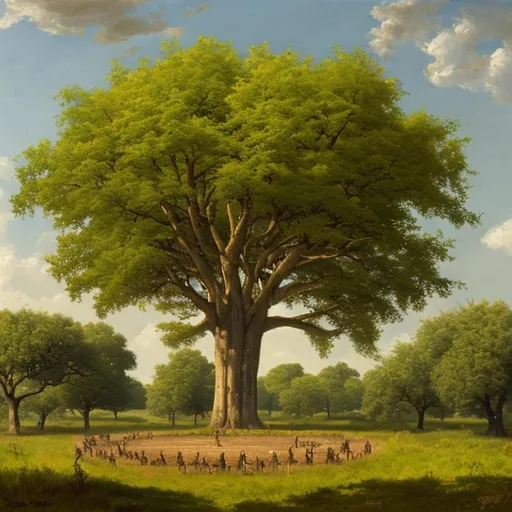 Prompt: A painting of a circle of giant sweet chestnut tree in a lush American savanna 