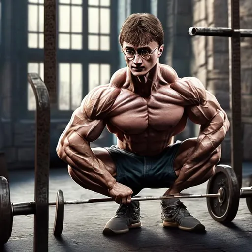 Prompt: realistic photo of a buff harry potter squating with a squat bar