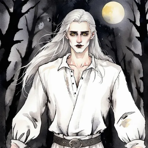 Prompt: A creature is standing in the dark forest, in the moonlight. He looks like a handsome, young man, but he has [very pale skin], [glowing yellow eyes], [extremely long, grey hair], [black lips] and [white, pointed fangs]. He is wearing a white peasant shirt.