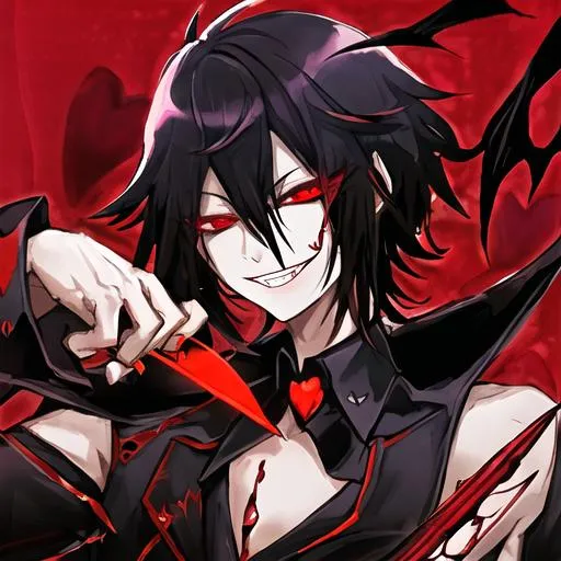 Prompt: Damien (male, short black hair, red eyes), demon form, grinning seductively, holding a knife, hearts around him
