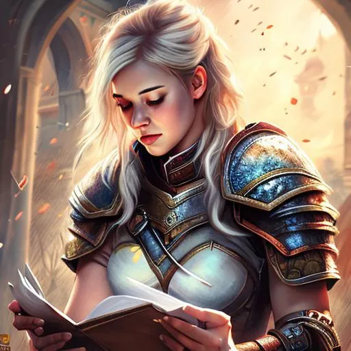 Prompt: Battle, Female warrior, Busty, blonde, Reading letter, rpg, medieval,  photorealistic, art, art station, high detailed, full body view 