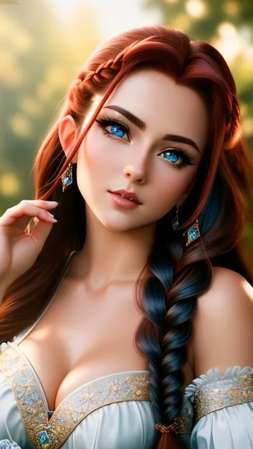 Prompt: {{{{highest quality concept art masterpiece}}}} oil painting, {{visible textured brush strokes}},

hyperrealistic intricate perfect full body of flirtatious seductive attractive cute gorgeous beautiful stunning feminine 20 year anime like hobbit girl with 
{{hyperrealistic intricate perfect  fiery red long braid beautiful hair}} 
and 
{{hyperrealistic perfect clear blue eyes}} 
and hyperrealistic intricate perfect seductive attractive cute gorgeous beautiful stunning feminine face wearing 
{{hyperrealistic intricate red and white wool adventurer's robes}}

soft skin and light blue  blush cheeks and scary sadistic mad, 
face 
perfect anatomy, perfect composition approaching perfection, 

hyperrealistic intricate warm summer sunrise forest in background, {{sunrise}}, 

anime vibes, 
fantasy, 
cinematic volumetric dramatic 
dramatic studio 3d glamour lighting, 
backlit backlight, 
128k UHD HDR HD, professional long shot photography, 
unreal engine octane render trending on artstation, 

triadic colors,
sharp focus, 
occlusion, 
centered, 
symmetry, 
ultimate, 
shadows, 
highlights, 
contrast, 