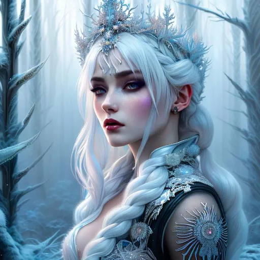 Prompt: Woman with platinum hair, in a dress of ice flowers, a beautiful crown on her head,  front, background frozen forest, cover, unzoom, choker, hyperdetailed , luminism, Bar lighting, complex, 4k resolution concept art portrait by Greg Rutkowski, Artgerm, WLOP, Alphonse Mucha, little fusion pojatti realistic goth, fractal isometrics details bioluminescens : a stunning realistic photograph 30 years unreal engine