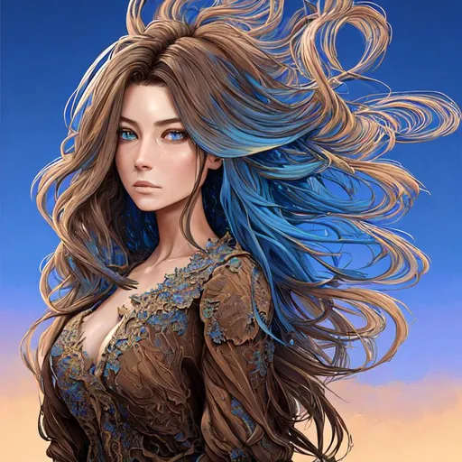 Prompt: {{{{highest quality concept art masterpiece}}}} digital drawing oil painting with {{visible textured brush strokes}}, full color fractal Formula: (z² + c + (z² + c)) / (3z³ + c) background in voronoi blue sky and amazing haven, beautiful woman, long brown balayage hair, wearing a long dark purple newton julia clusters fractal dress, style of Alayna Lemmer