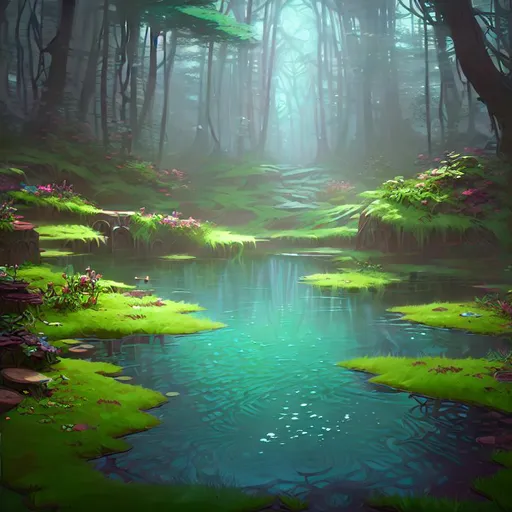Prompt: small pond hidden deep in an enchanted forest, whimsical, fantasy