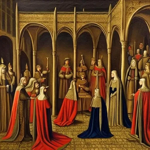 Prompt: Medieval Royal Court scene Oil on Canvas