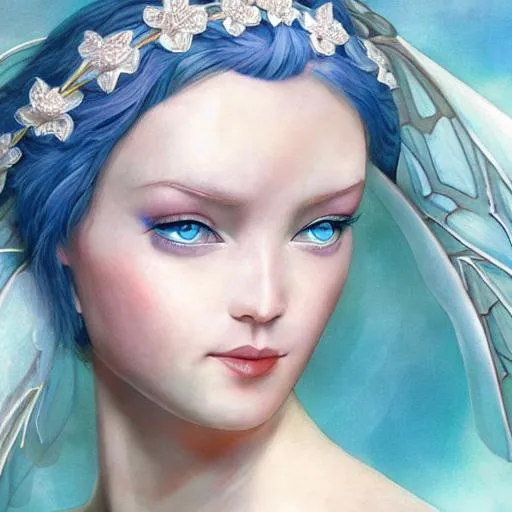 Prompt: fairy goddess with pale skin and light blue background,closeup, hyper realism