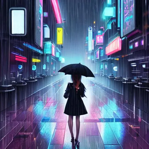 Prompt: Girl in a futuristic city at night, raining 