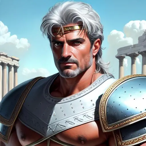 Prompt: Face Portrait of a epic character male fifty-year-old roman hero,  bodybuilder physique, grey unruly hair, tanned capri-pants armour "authentic roman greek clothes"  "white tunic" oil painting style, Sparth style, Caravaggio Style, high quality, masterpiece,  highres, beautiful, handsome, biceps, UHQ  oil on canvas, cyan and brown, neon, inksplatter, acrylic painting, dynamic pose, belts,
sandals, architecture background, dramatic lighting, divine proportions 