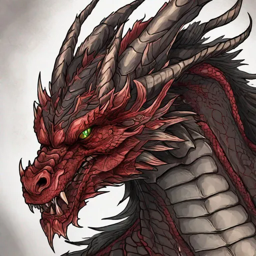 Prompt: Concept design of a dragon. Dragon head portrait. Coloring in the dragon is predominantly black with deep red streaks and details present.